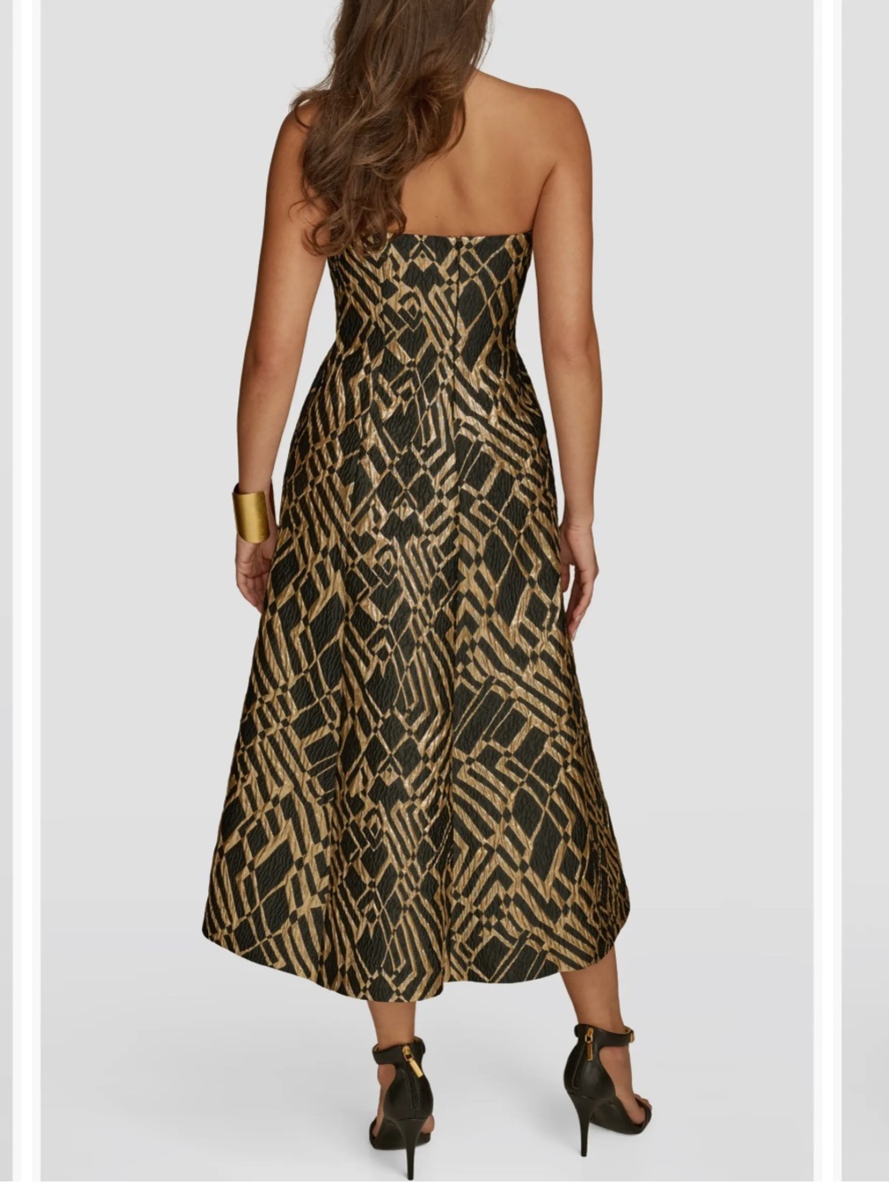 Donna Karan Strapless Jacquard Black and Gold Patterned Fit-and-Flare Dress - Picture 2 of 6